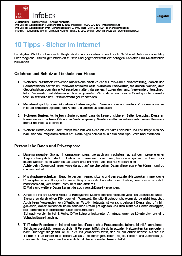 Deckblatt der Broschüre: 10 Tipps - Sicher im Internet