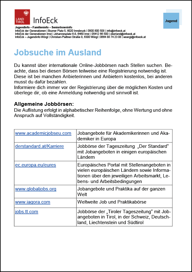 Deckblatt des Infoblatts mit dem Titel Jobsuche im Ausland