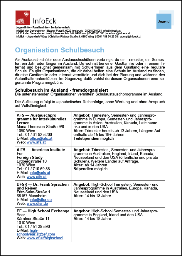 Deckblatt des Infoblatts mit dem Titel Organisation Schulbesuch