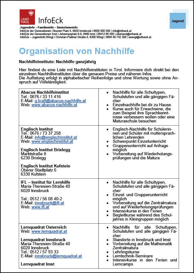 Deckblatt des Infoblatts mit dem Titel Organisation von Nachhilfe