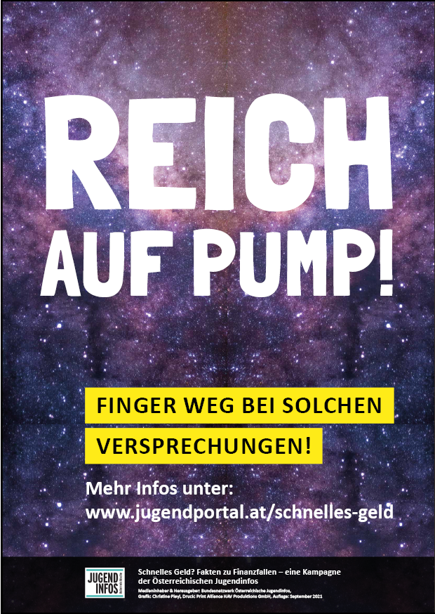 Plakat mit Aufschrift Reich auf Pump und Infos zu Finanzen
