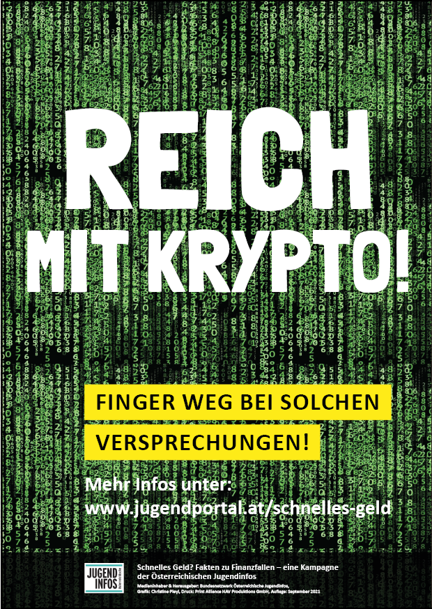 Plakat mit Aufschrift Reich mit Krypto und Infos zu Finanzen