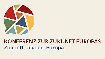 Logo der Konferenz zur Zukunft Europas. Eine Sprechblase mit verschiedenen Teilen in verschiedenen Farben.