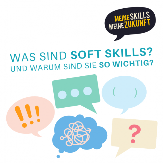 Sprech- und Gedankenblasen darüber der Text: Was sind Soft Skills? Und warum sind sie so wichtig?