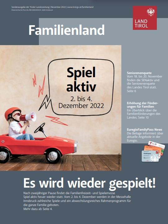Cover des Familienlandes der aktuellen Ausgabe im Corporate Design des Landes Tirol