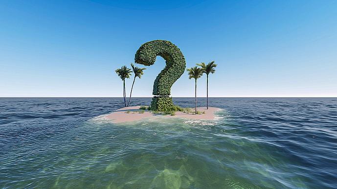 Eine Insel im Meer mit einem grünen Fragezeichen in der Mitte.
