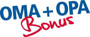 Logo Oma + Opa Bonus in blauer und roter Schrift