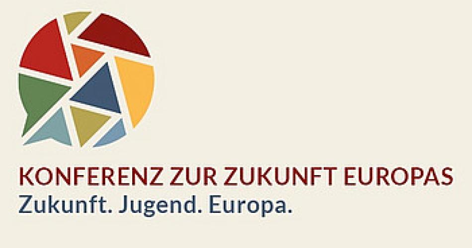 Logo der Konferenz zur Zukunft Europas. Eine Sprechblase mit verschiedenen Teilen in verschiedenen Farben.