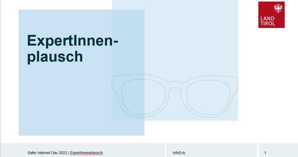 Auf dem Bild sieht man die Startfolie der Präsentation des Expertinnenplausches im Corporate Design des Landes Tirol