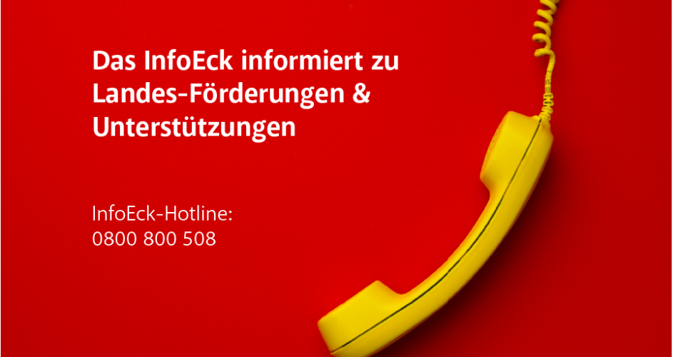 Ein gelber Telefonhörer auf rotem Hintergrund mit der Infohotline des InfoEcks.